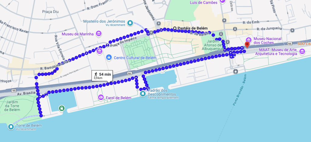 Itinéraire Google Map du jour 2 dans Lisbonne